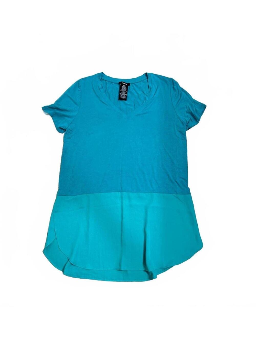 Blue Green V-Neck Short Sleeve Panel Top Medium Casual Minimalist Chic